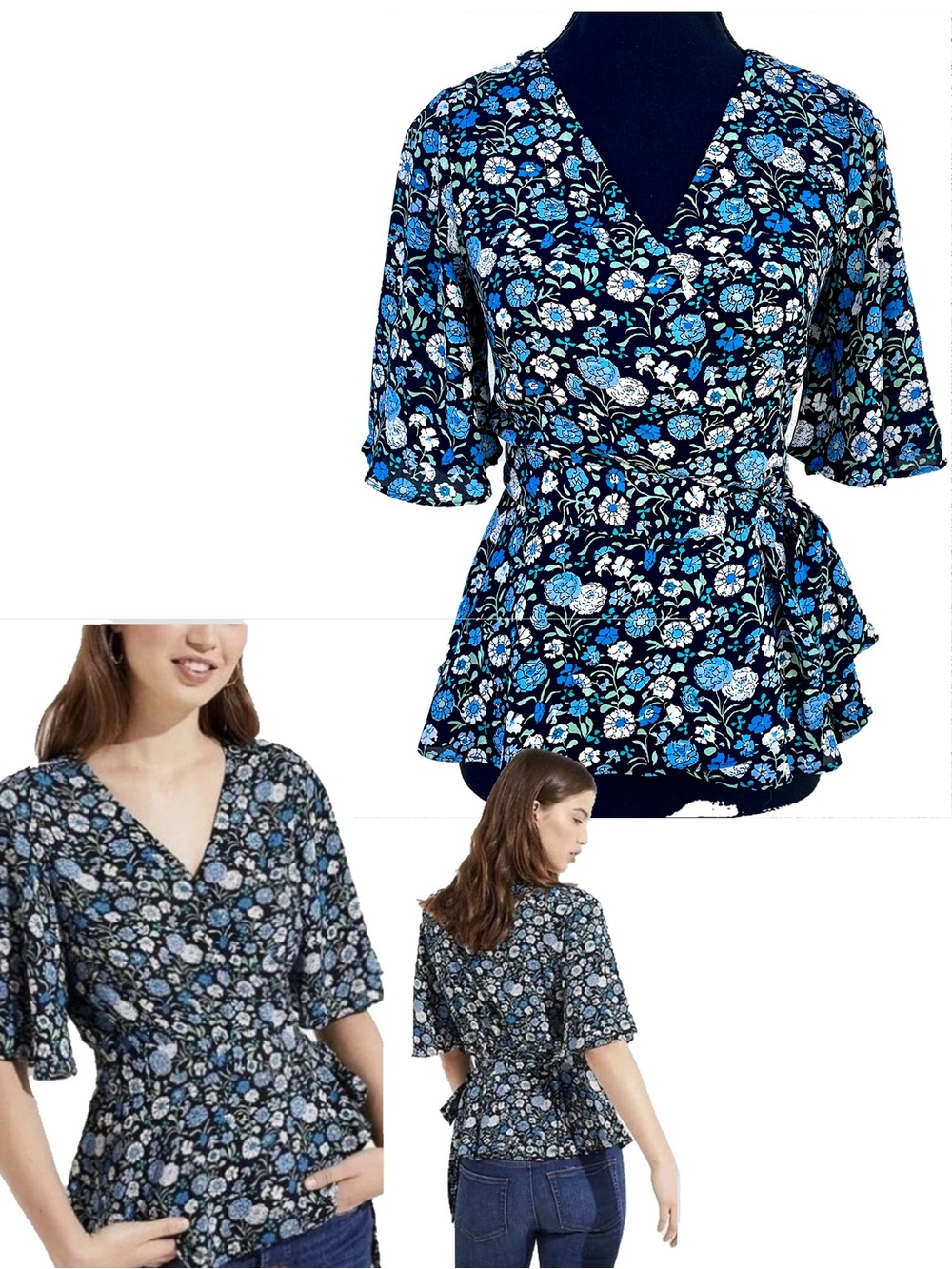 LOFT Wrap Top Size XS Flare Bell Sleeve Garden Floral Dark Cottagecore Romantic